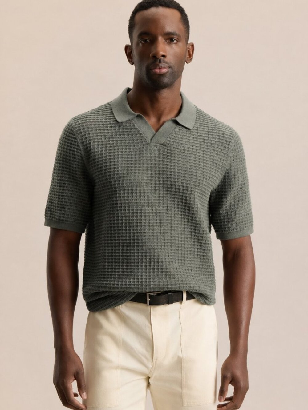 FRANK AND OAK 100% Organic Cotton Waffle Knit Johnny Collar Green Polo Size XXL